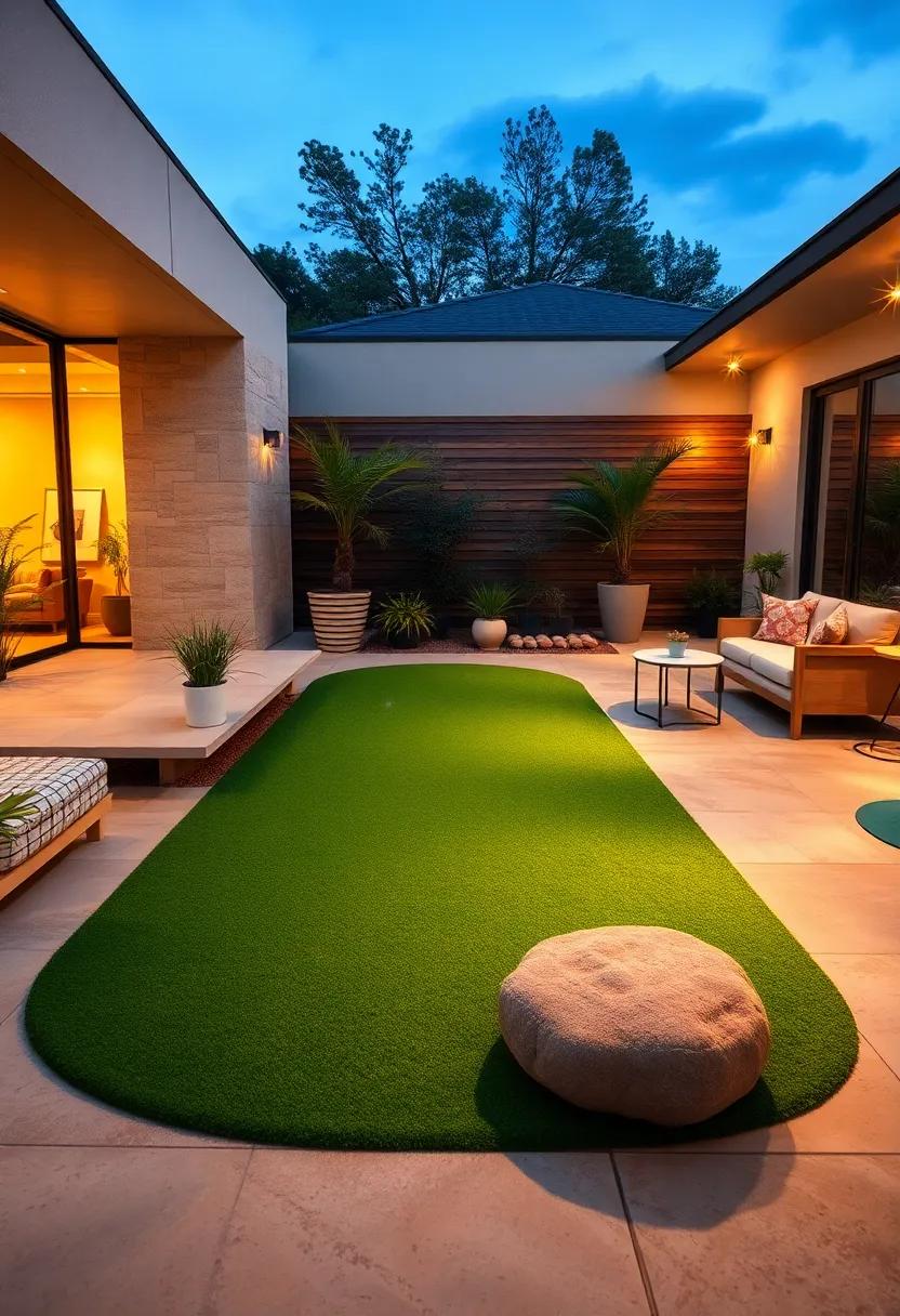 Evening Garden Lights Casting Warm Glows on a Smooth Synthetic Turf Mini Putting Green
