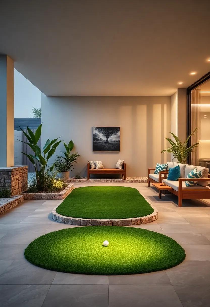 Twilight Glow Highlighting a Mini Putting Green Surrounded by Low Garden Stone Walls