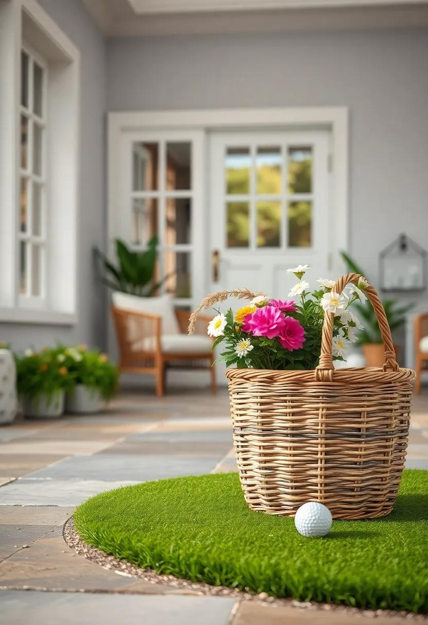 A Classic Vintage Basket with Freshly Picked Flowers Sitting Beside a Mini Front Yard Putting Green