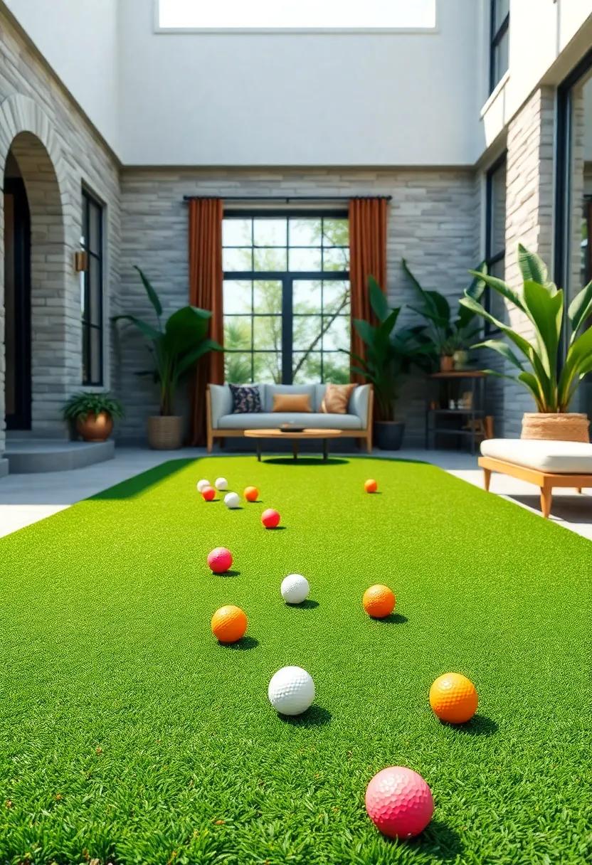 Brightly Colored Golf Balls Scattered Across a Lush Green Putting Surface on a Sunny Day