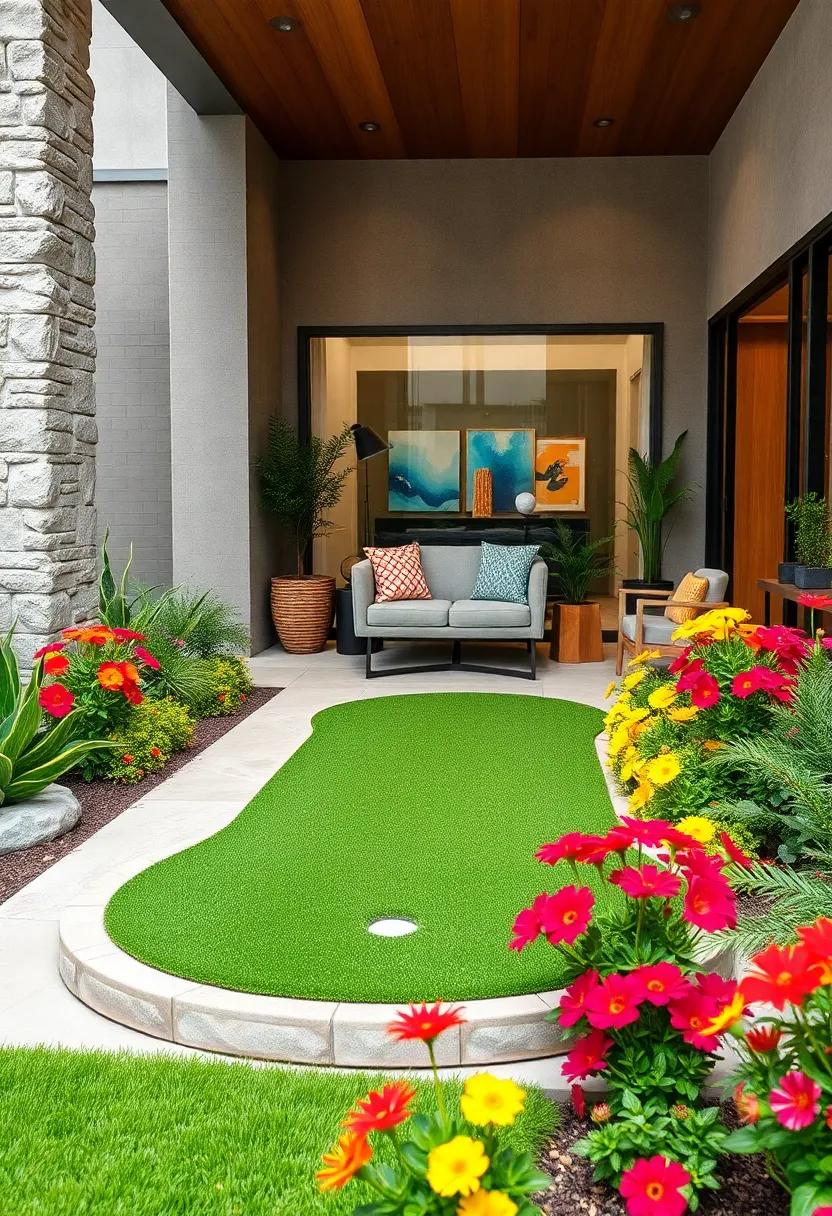 Vibrant Colorful Flowers Surrounding a Compact Putting Green in a Modern Front Garden