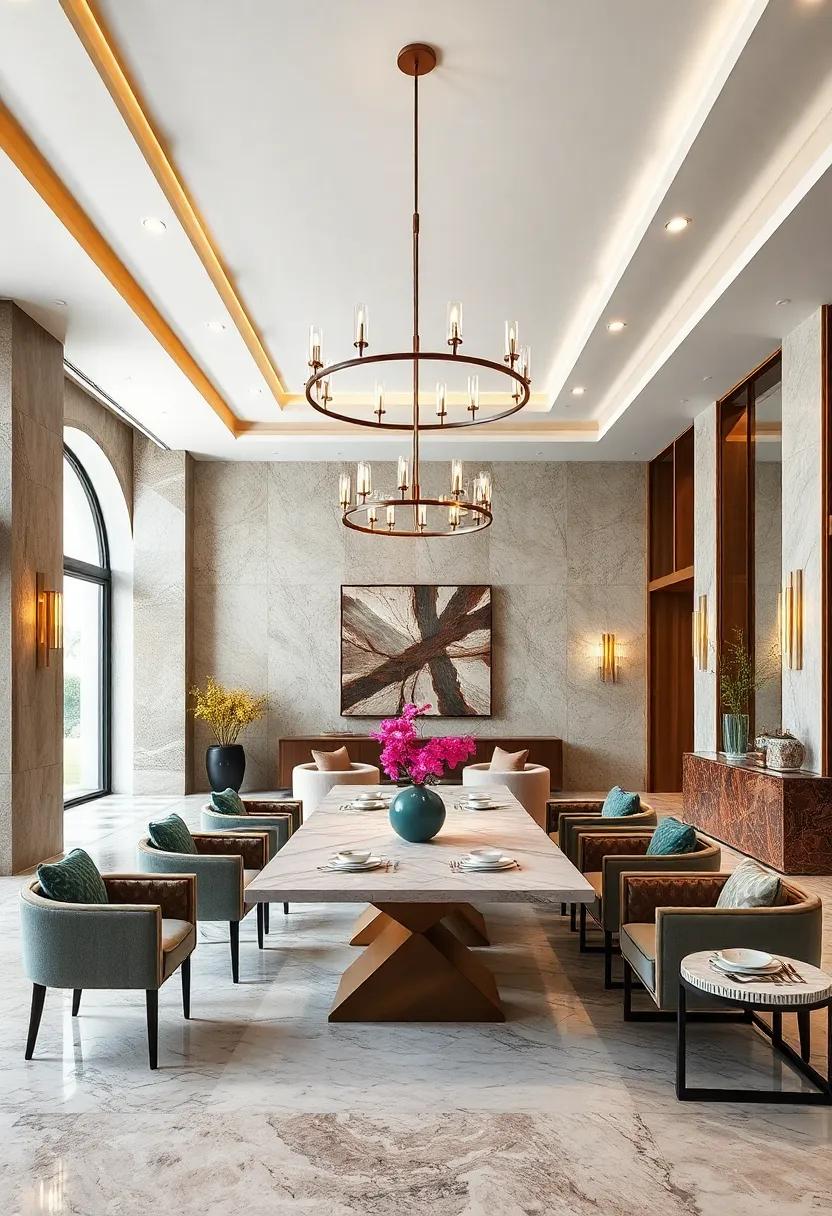 Contrasting Metallic Finishes in Lighting Fixtures Complementing Rich Wood Tones and Marble Surfaces