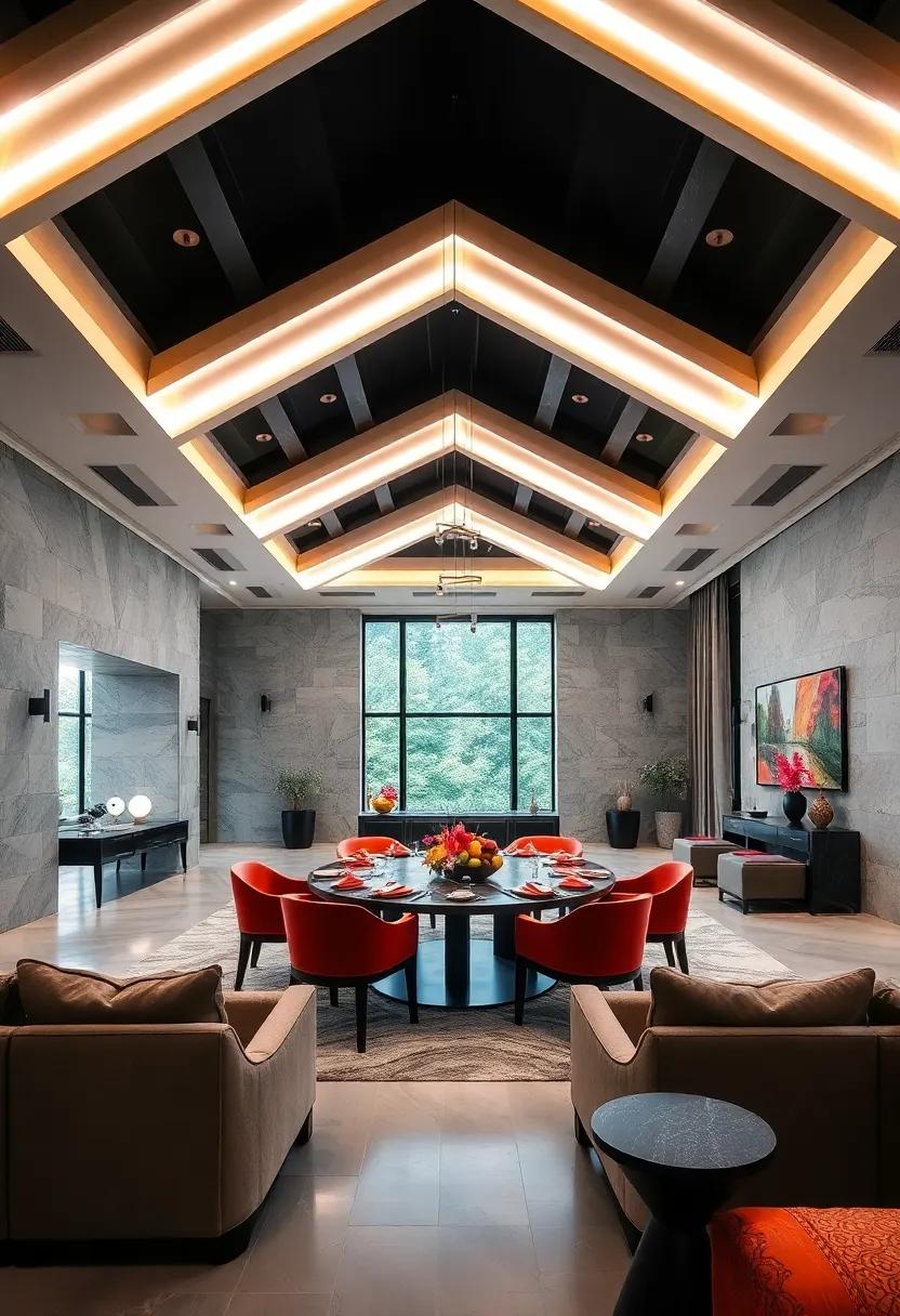 Geometric LED Designs Adding Futuristic Flair and Visual Interest to High Ceiling Dining Spaces