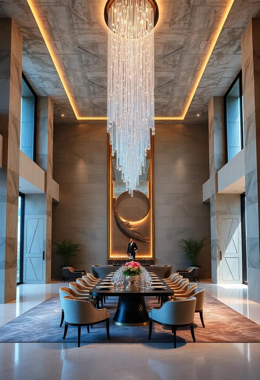 Monumental Crystal Drops Cascading From Tall Ceilings Creating an Exquisite Focal Point and Ambient Glow