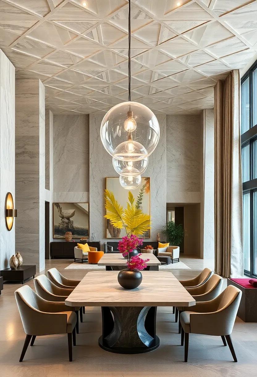 Glass Globe Chandeliers Suspended Over Sculptural Dining Tables for a Perfect Blend of Art and Light