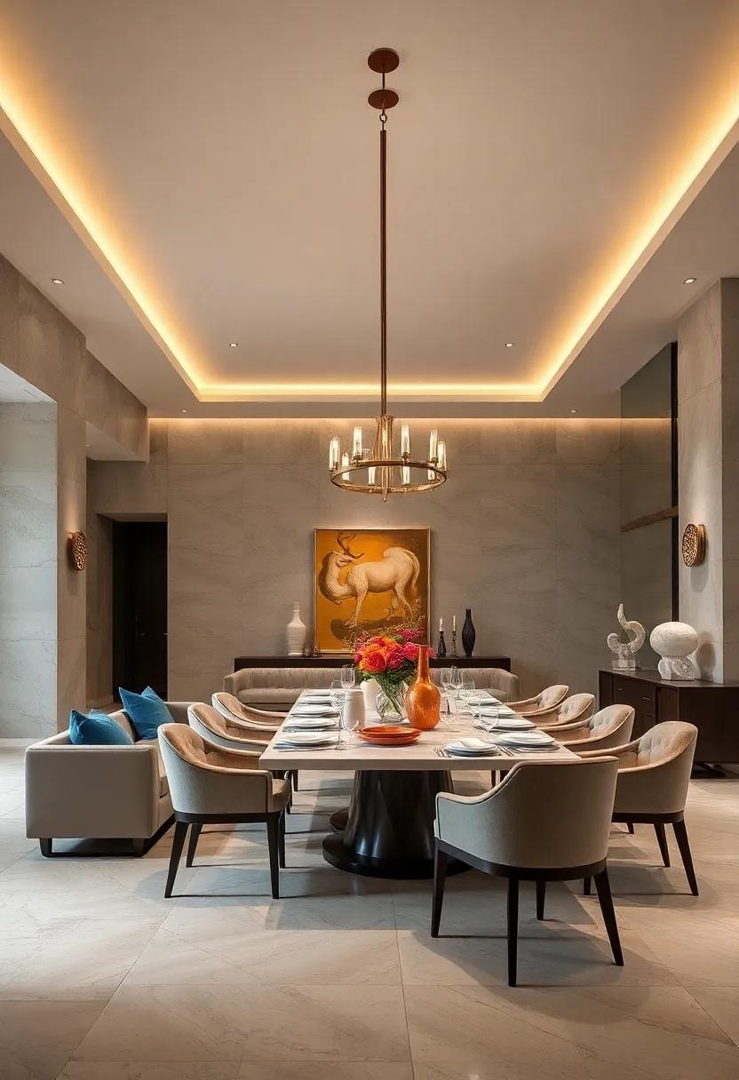 Soft Ambient Lighting Enhancing Textured Walls and Rich Fabrics Around an Opulent Dining Table