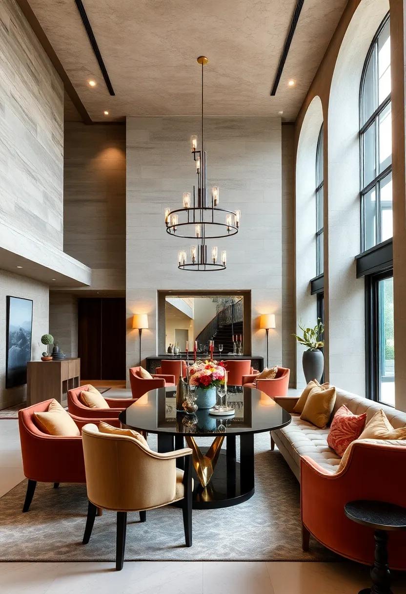 Soft Layered Lighting Evoking a Cozy, Inviting Vibe in Dining Areas with Velvet Upholstery and Dark Woods