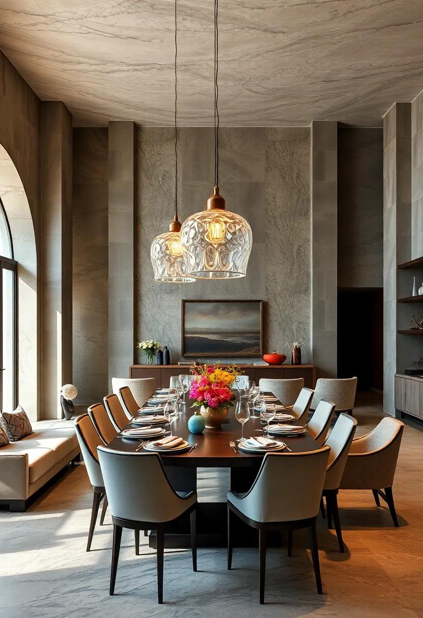 Textured Glass Pendants Refracting Light to Create Playful Patterns Enhancing Intricate Table Settings