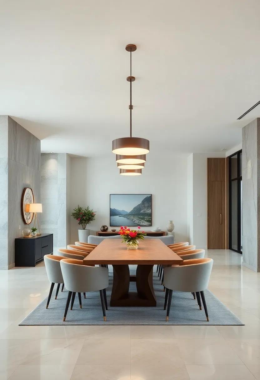 Bold Modern Pendant Lights Framing a Sleek Minimalist Dining Space with Clean Lines and Open Layouts