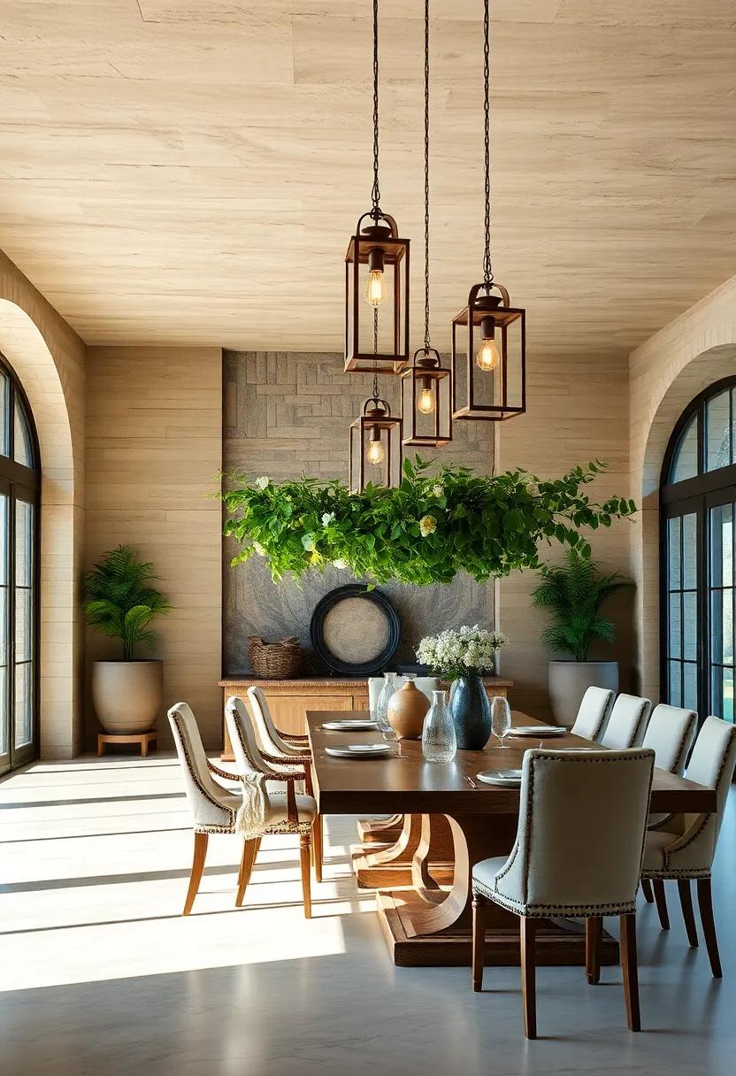 Warm Rustic Lanterns Hanging Overlaid by Fresh Greenery for an Inviting Farmhouse Dining Experience
