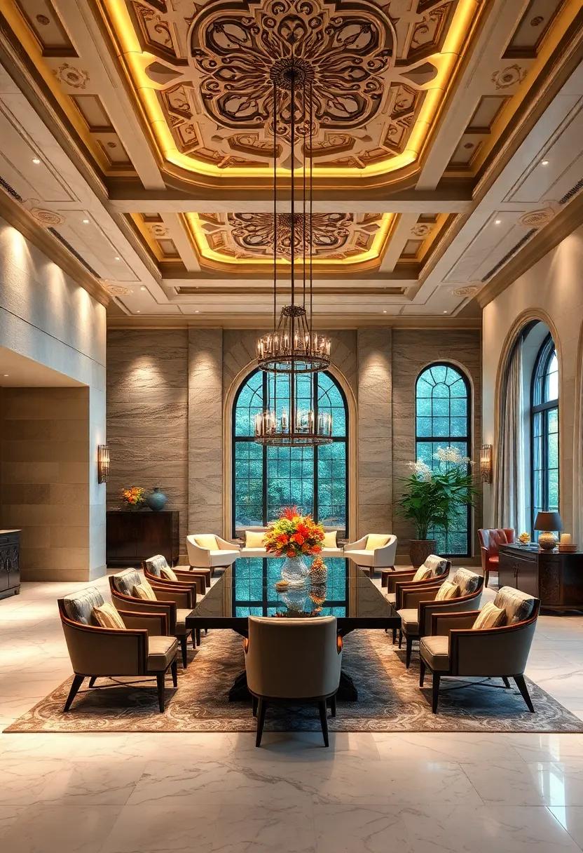 Dramatic Layered Lighting Highlighting Ornate Ceilings and Elegant Architectural Details in Dining Rooms
