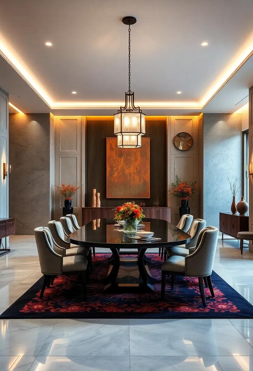 Art Deco Influenced Pendant Lighting Enhancing Luxurious Textures and Bold Patterns Around the Table