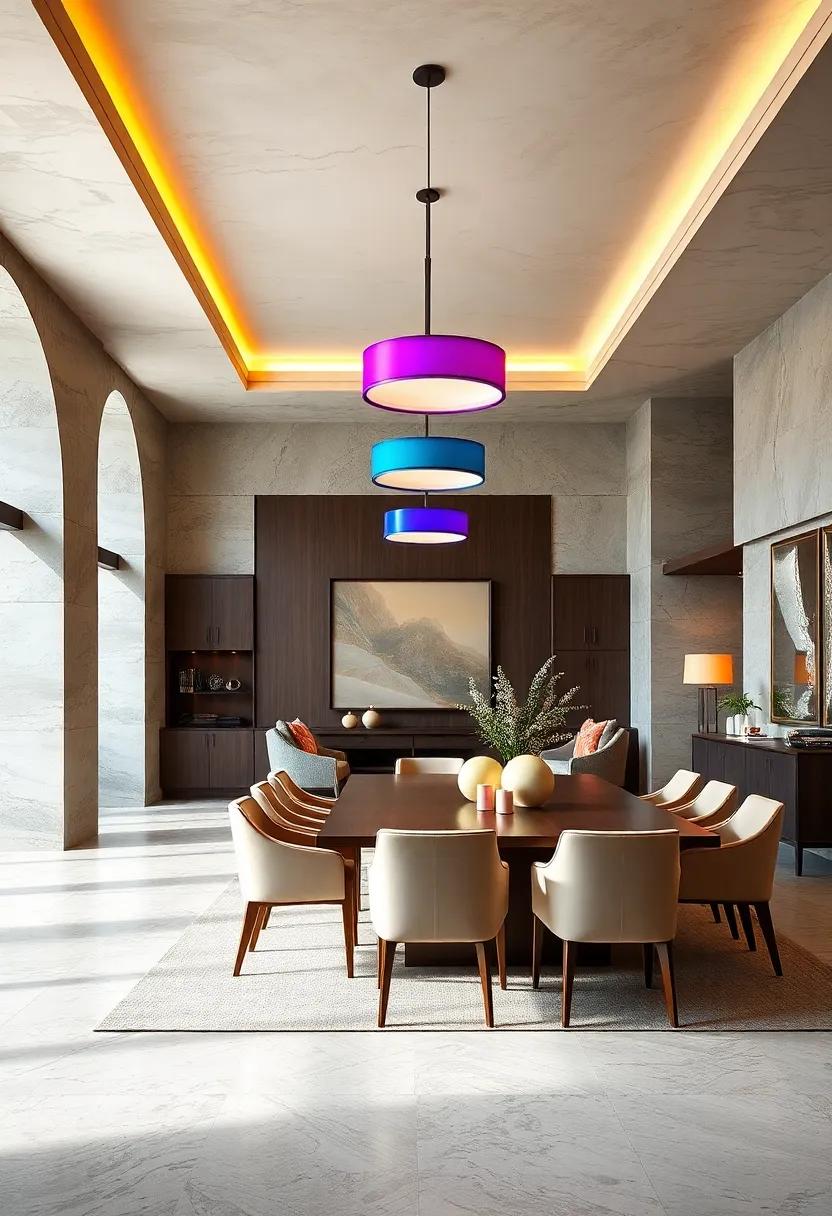 Daring Color Pop Lighting Fixtures Offering Unexpected Vibrancy to a Traditionally Neutral Dining Palette