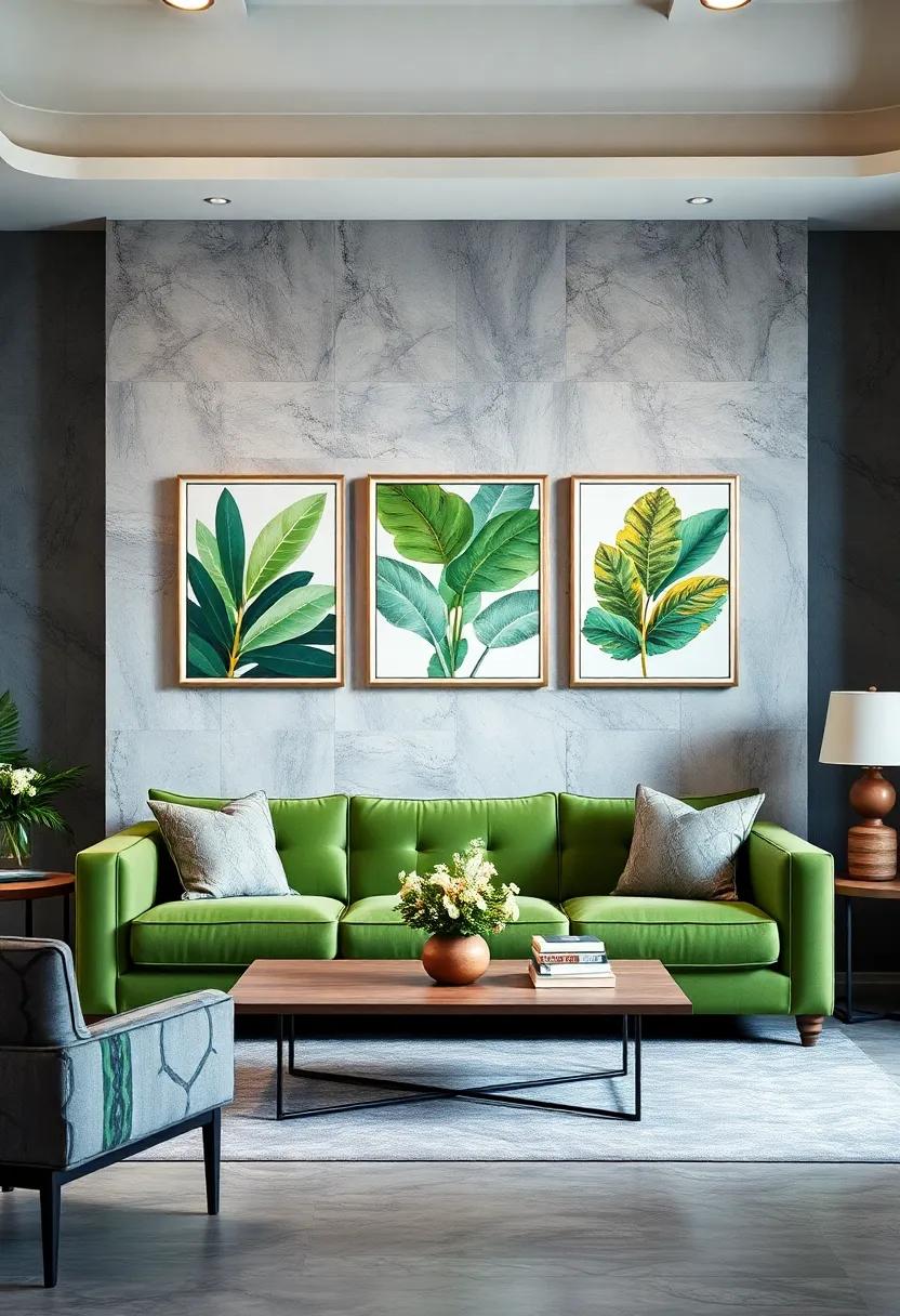 Accent with bold art: Hang vibrant‌ artwork that incorporates shades of green​ and gray to create focal⁣ points above the couch