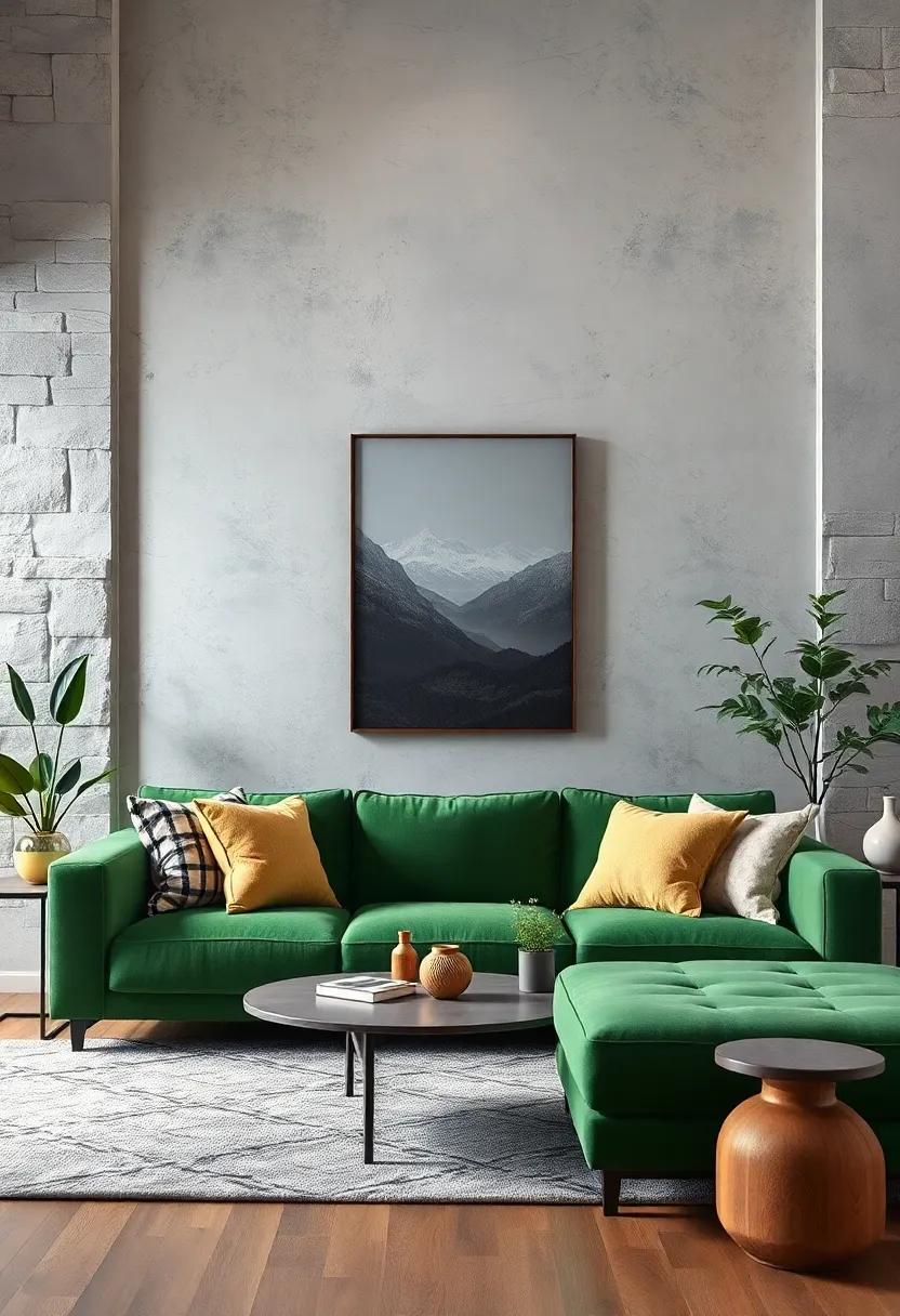 Balance with Blank Walls: Keep some ​walls blank for a clean aesthetic, allowing the green‌ couch to stand out in its full glory