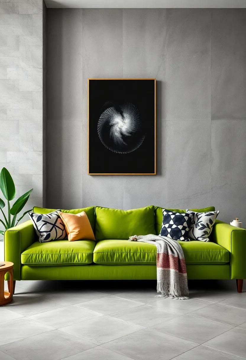 Incorporate Black ​and ⁢White: Balance the green couch with black and‌ white elements, such as art pieces or throws,⁤ for a ⁤modern touch