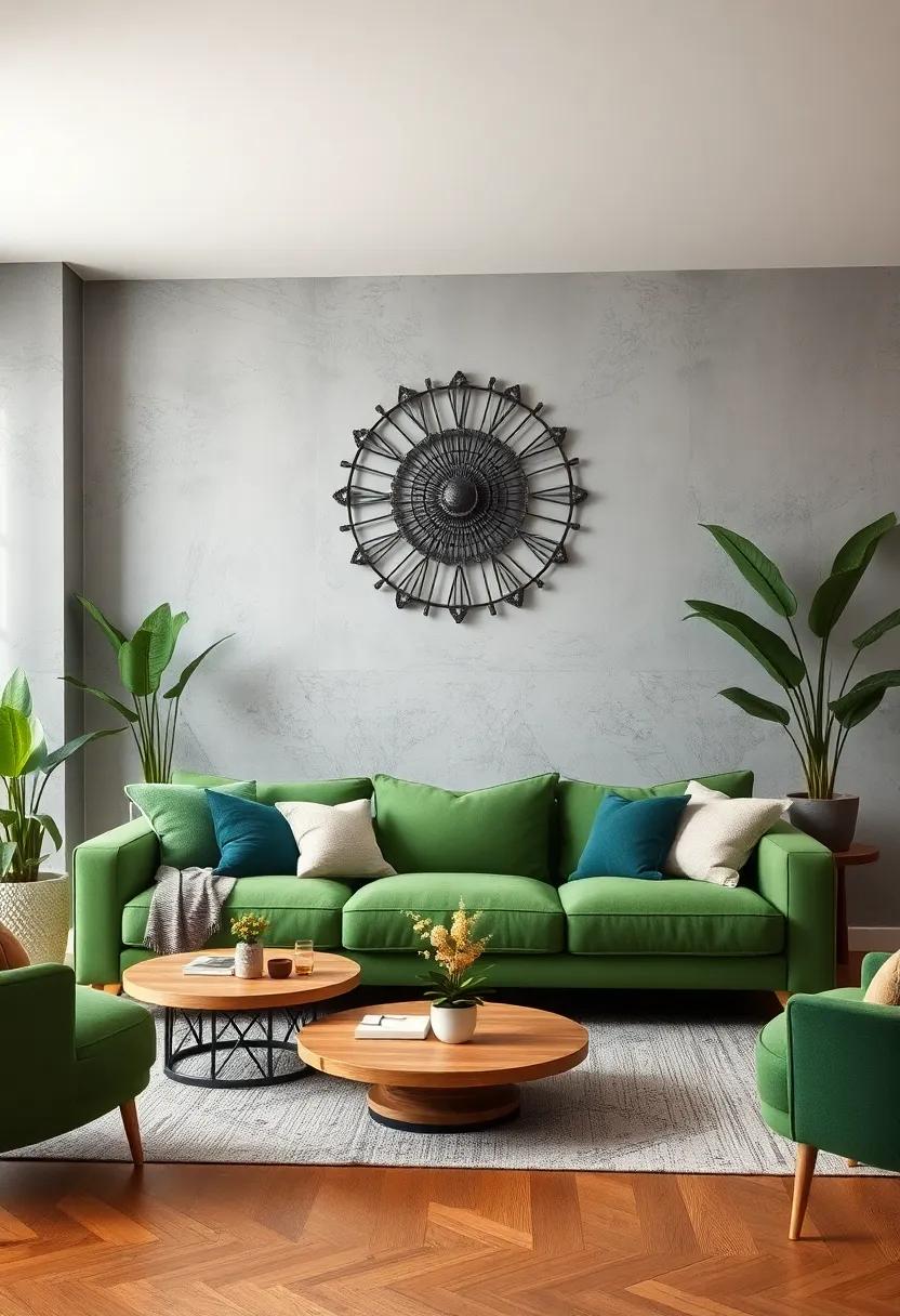 Introduce natural Elements: Add plants with contrasting foliage to bring life and complement the green tones of the couch