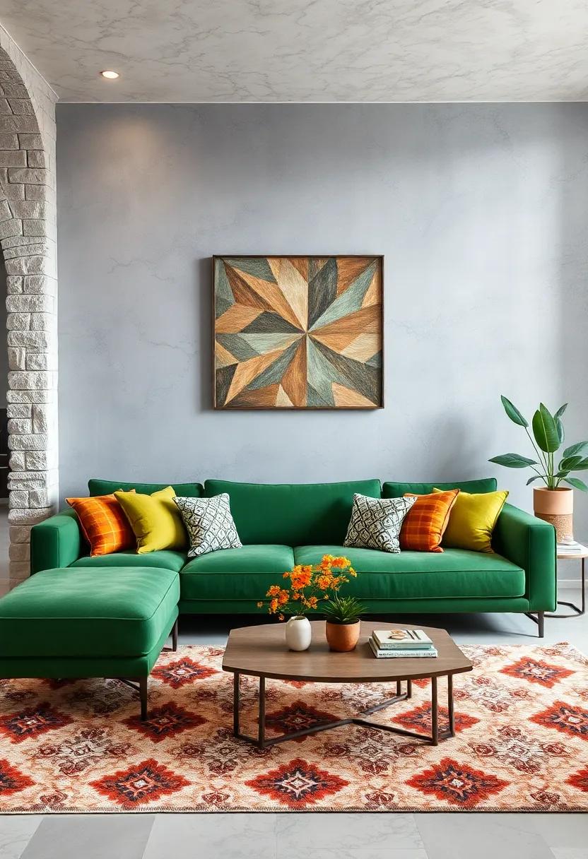 Play with Patterns: Incorporate patterned rugs or cushions that ⁣echo the colors of your ‌couch and walls for‌ a cohesive look