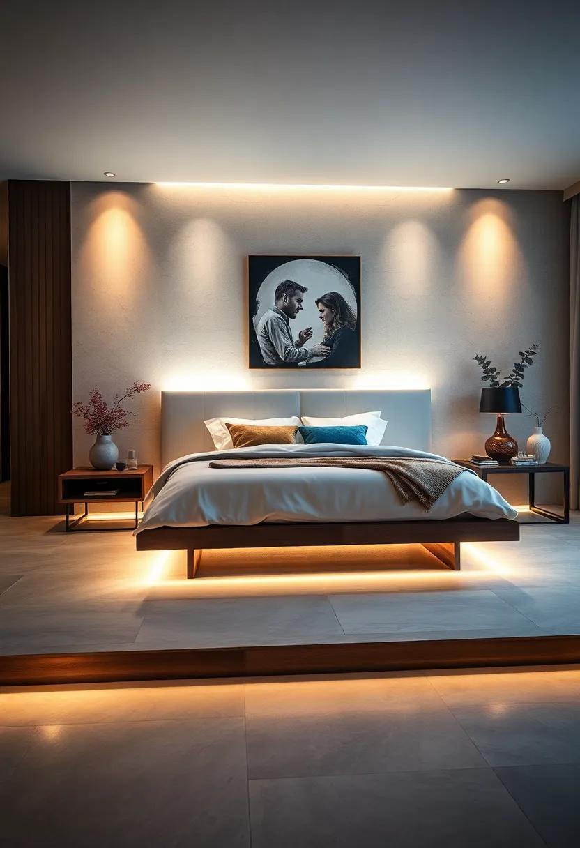 Radiant Light Emitting From Under Bed Platforms Invoking Calm And Depth In The Bedroom Space
