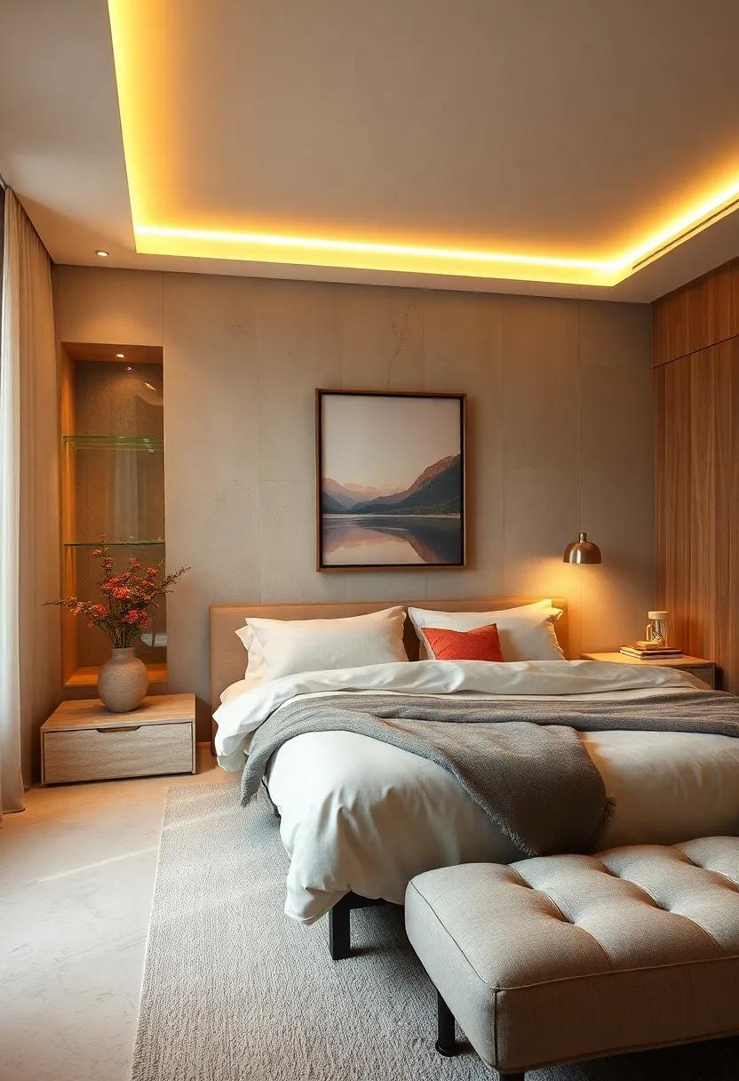 Delicate Light Cascades From Recessed Wall Niches Highlighting Minimalist Art And Plush Textiles