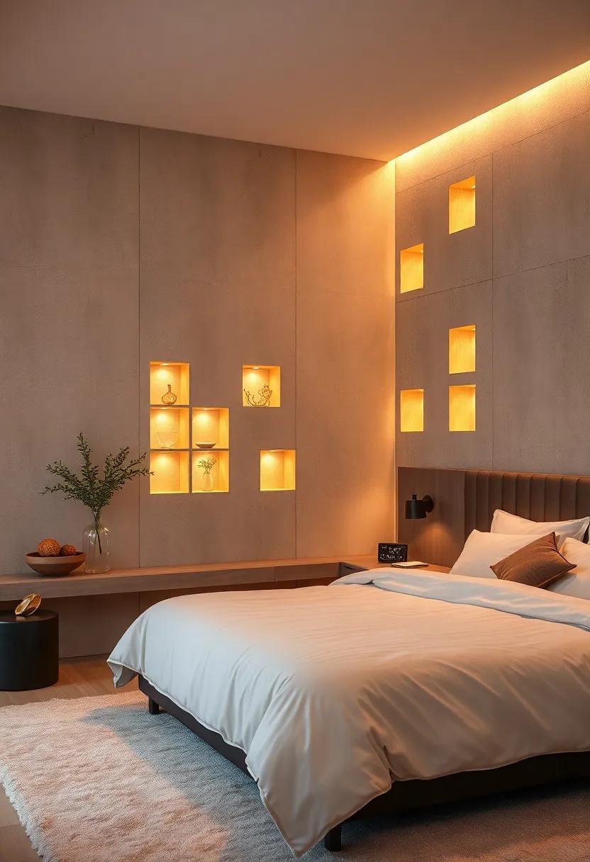 Cozy Corners Brushed In Dim Gold Light From Within Wall-Inset Cubes Enhancing Texture And Depth