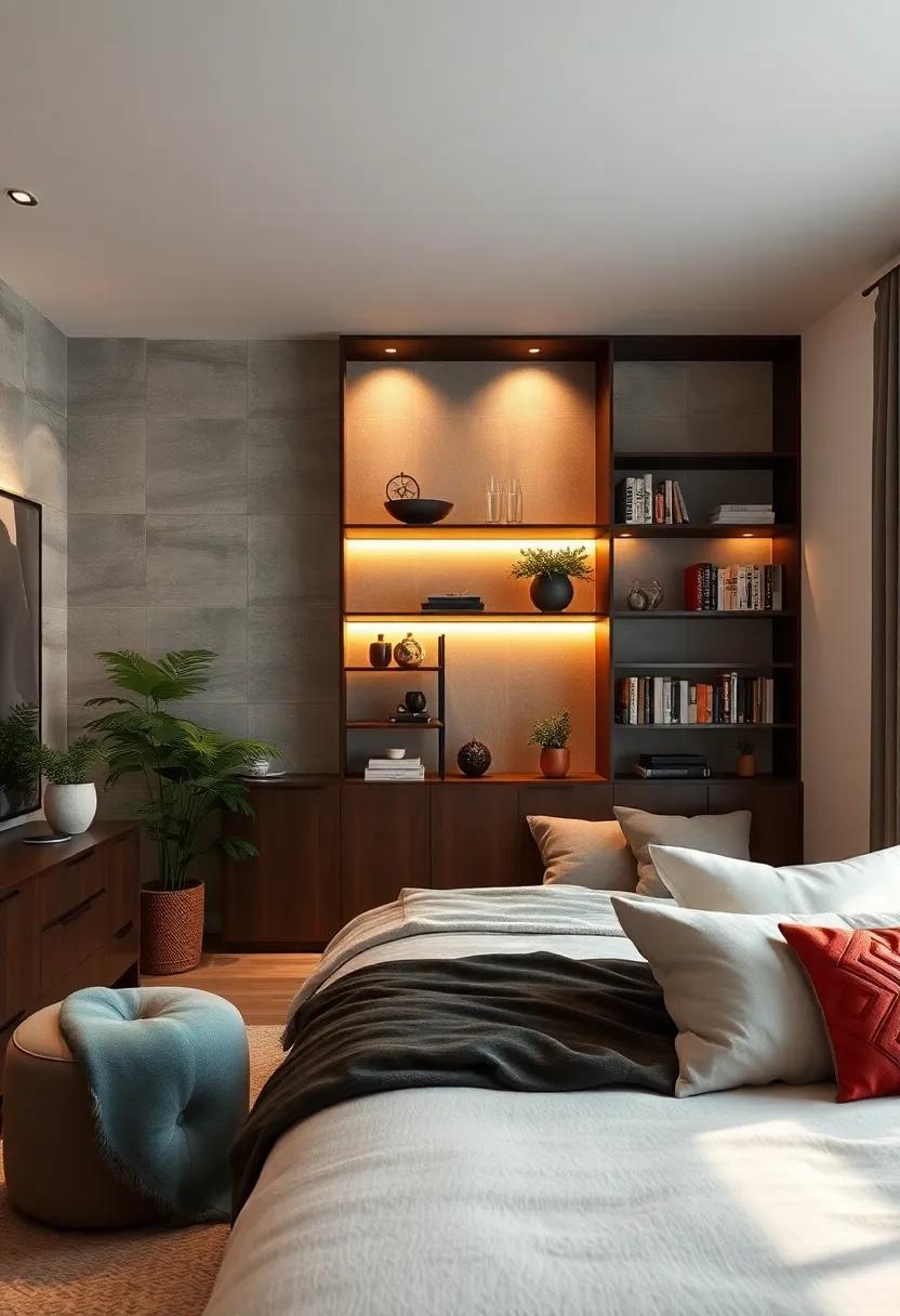 Shadow Play Created By Hidden Lights Behind Open Shelving Filled With Natural Elements And Books