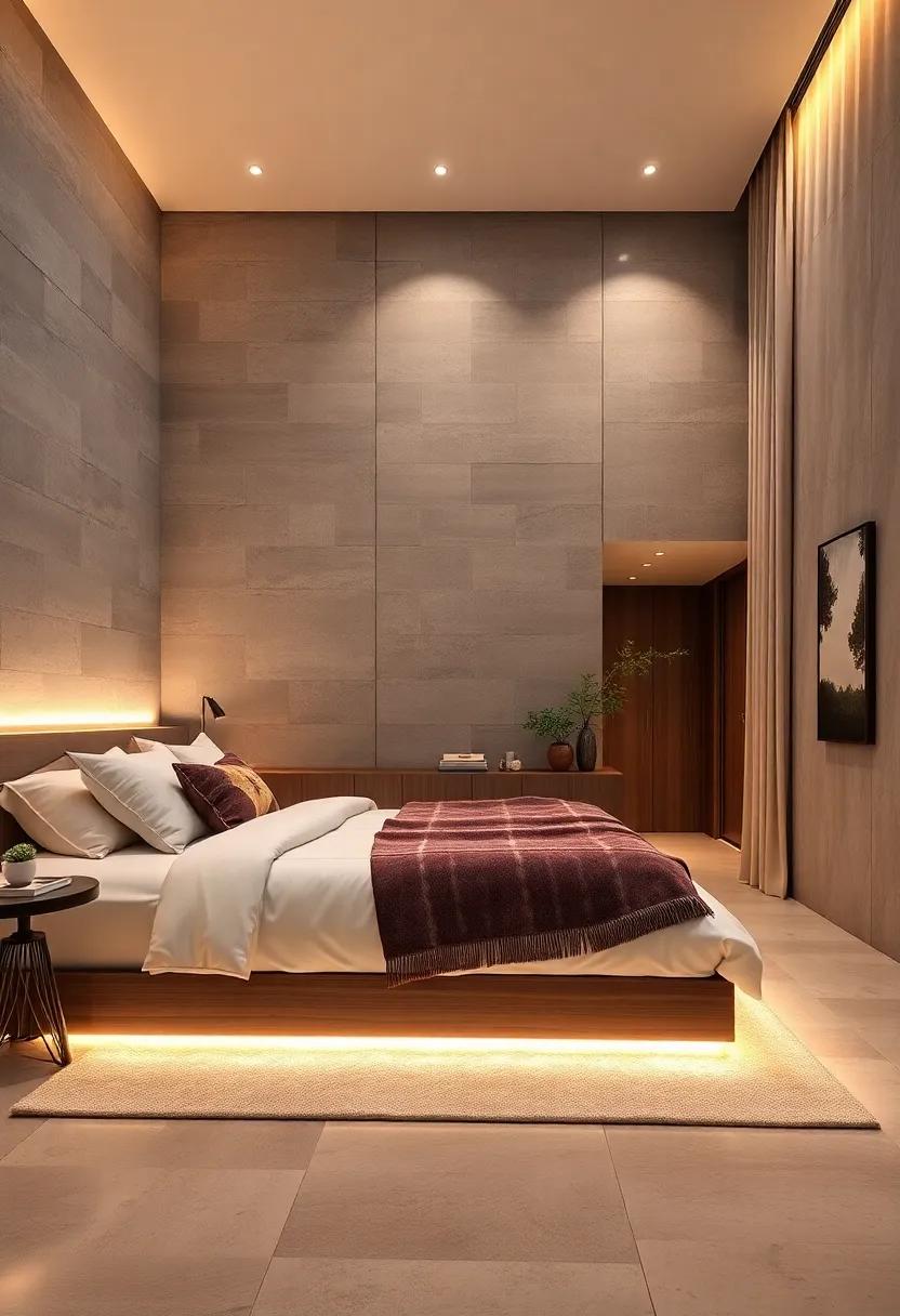 Subtle Bass Lighting Accorded By Soft Light Glows Beneath Floor Baseboards Creating Illusory Depth