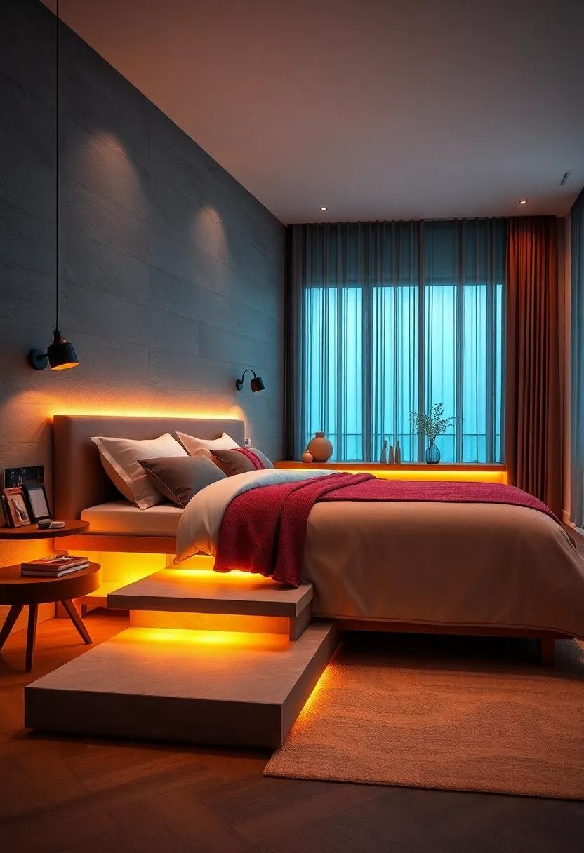 Nighttime Warmth Created By Subtle Strip Lights Embedded Under Floating Stair Steps Leading To Bed