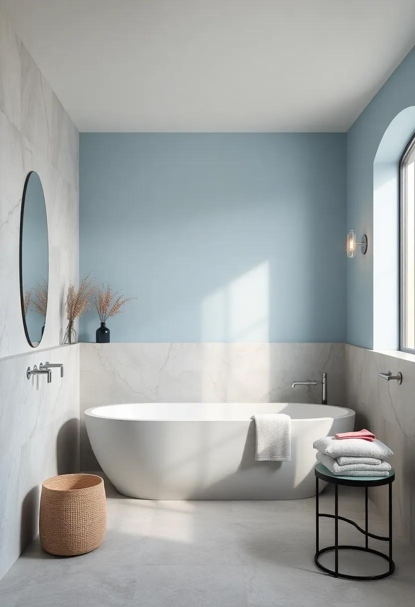 Elegance Captured in Soft Pastel Blue Walls Accentuated by Reflective Silver Fixtures and Subtle Lighting Effects