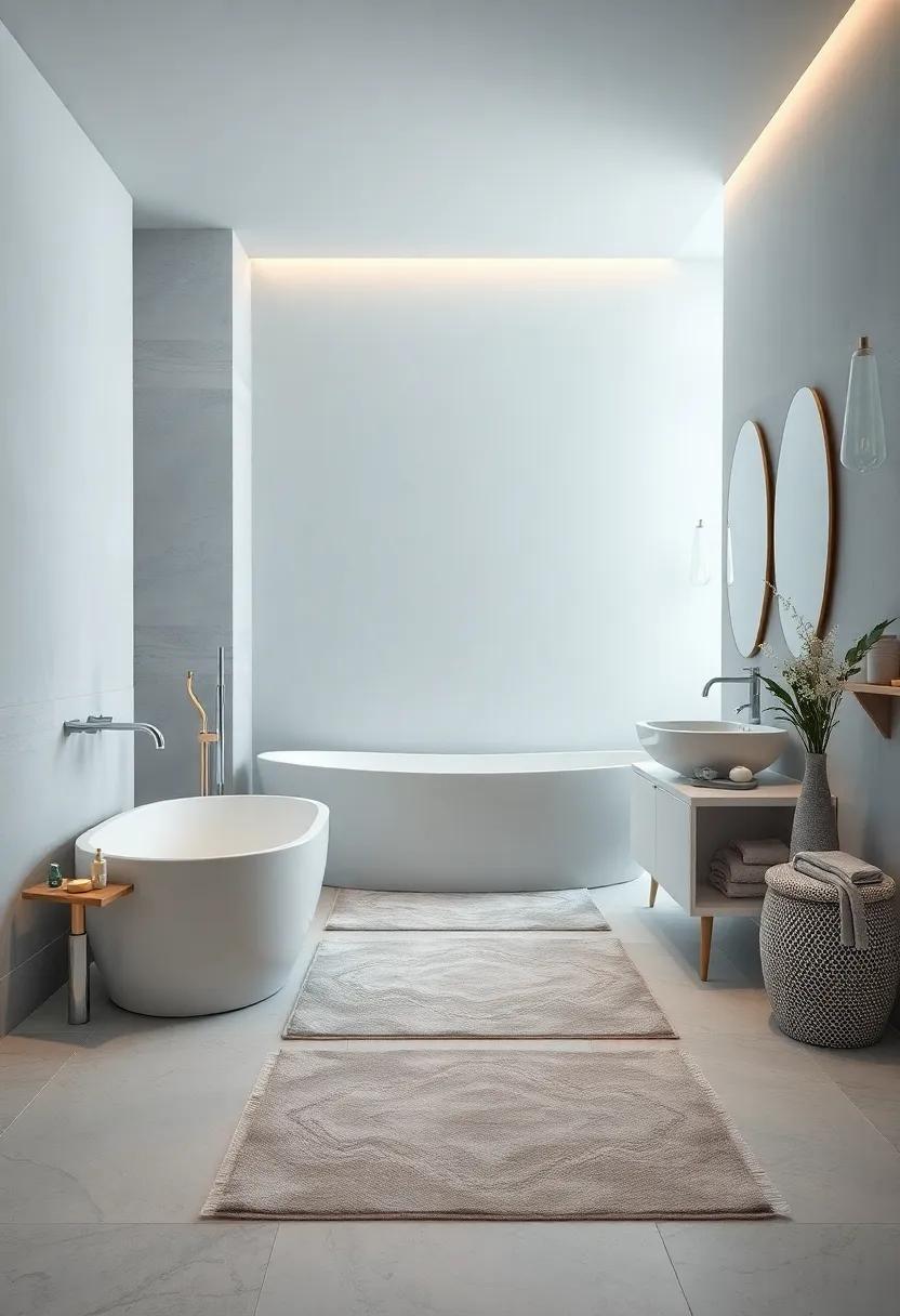 Elegant Pastel Blue and Silver Bathroom Rugs Layered to Add Texture and Warmth Without Losing Sophistication