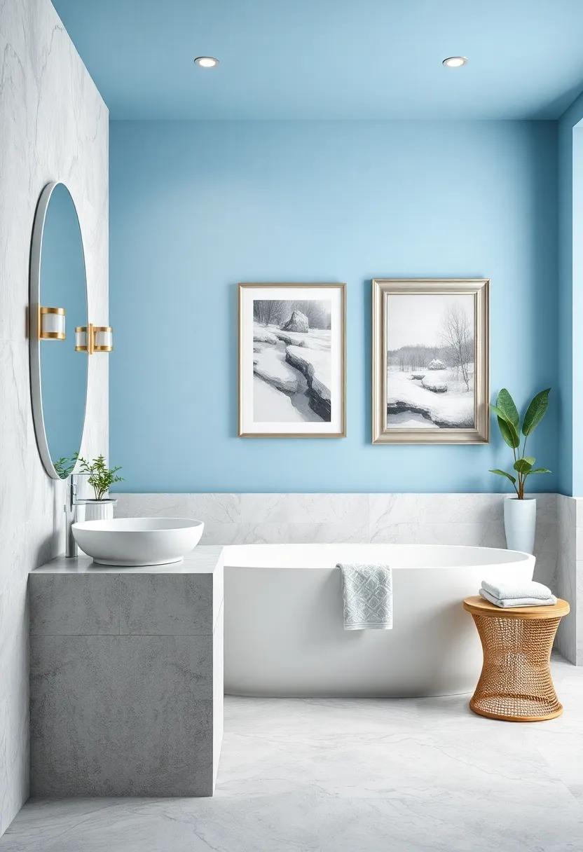 Silver-Framed Art Pieces Against Pastel Blue Backgrounds Bringing Culture and Charm to High-End Bathroom Spaces