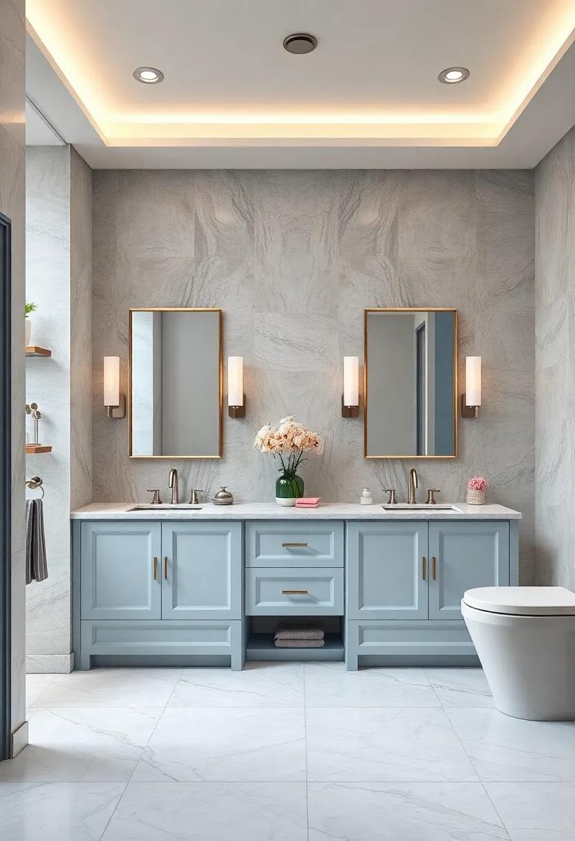 Opulent Vanity Designs Featuring Pastel Blue Cabinets with Silver Hardware and Marble Countertops in a Luxe Bathroom