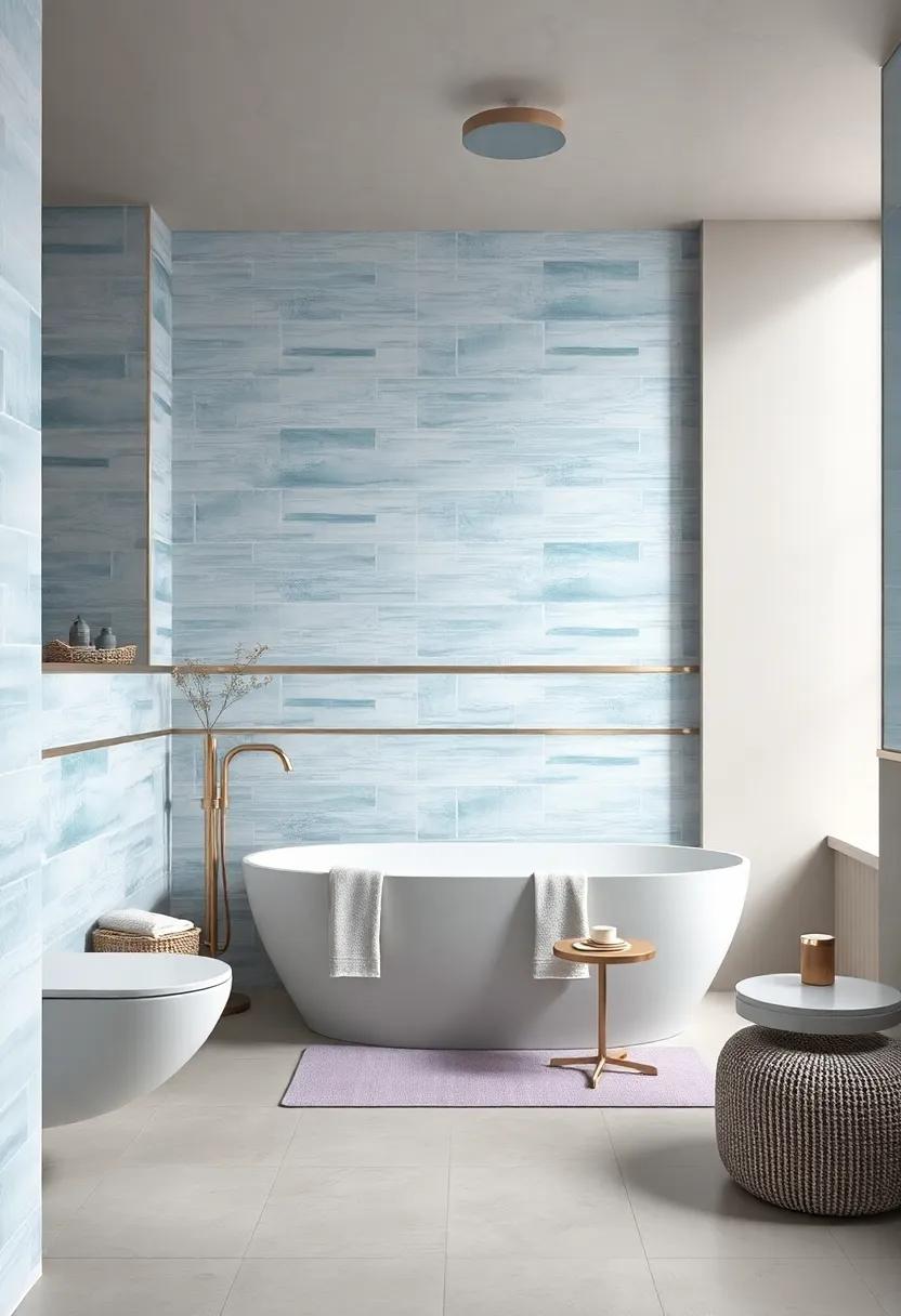 Serene Ambiance Created by Delicate Layering of Pastel Blue Tiles with Silver Trim in a Spacious Bathroom Setting