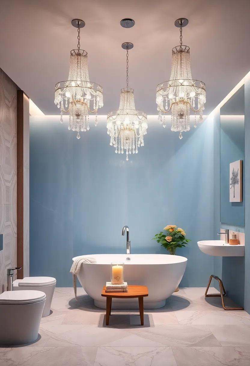 Polished Silver Chandeliers Cascading Light Over a Pastel Blue Themed Bathroom Drawing Attention to Exquisite Details
