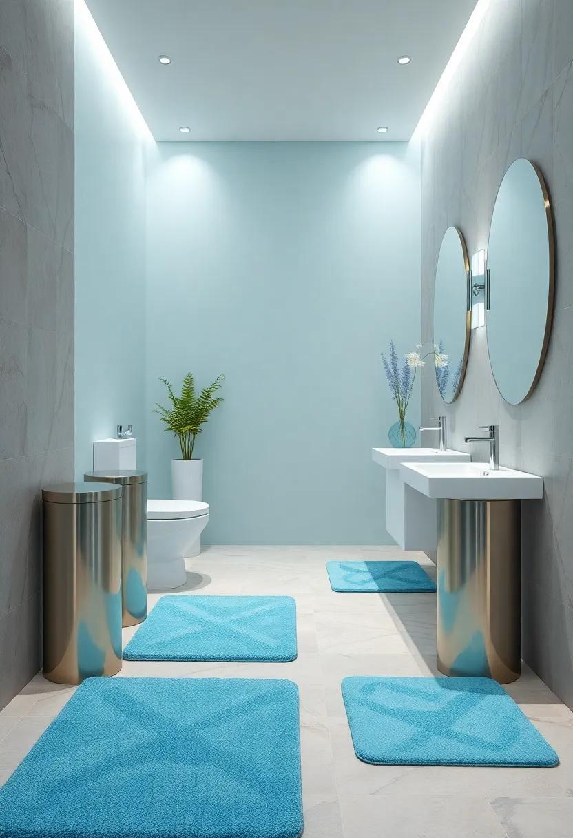 Tranquil Settings with Pastel Blue Floor Mats Complimented by Sleek Silver Trash Bins and Subtle Decor Pieces