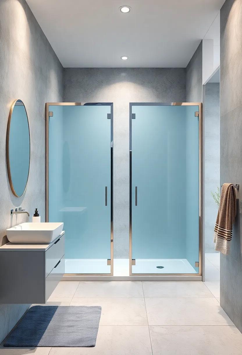 Luxurious Shower Enclosures Featuring Frosted Pastel Blue Glass with Silver Metal Frames and Soft Ambient Lighting