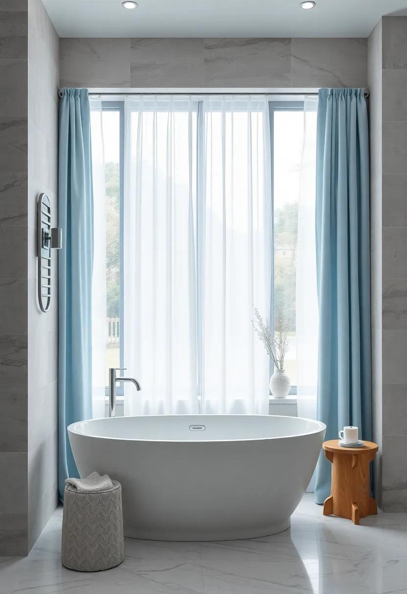 Sophisticated Blend of Soft Pastel Blue Curtains and Subtle Silver Curtain Rods Introducing Elegance to Bathroom Windows