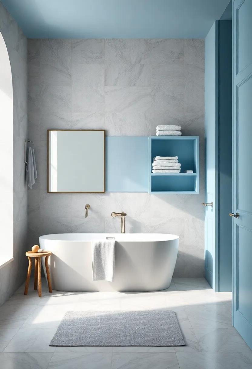 Delicate Mix of Pastel Blue Shelving Units and Silver Mounted Towel Racks Evoking Calm and Order in a Plush Bathroom