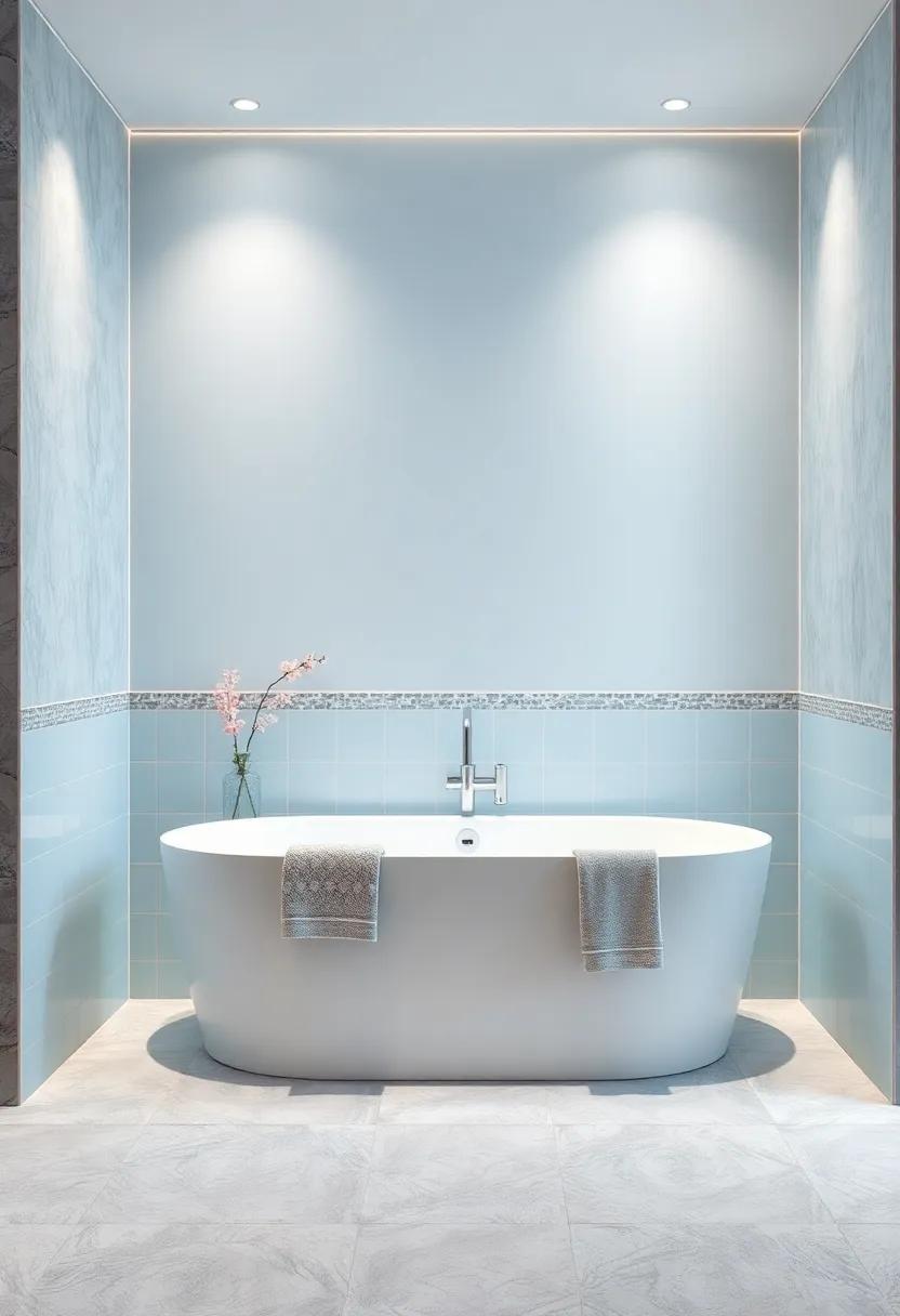Graceful Balance Achieved Through Pastel Blue Bathtubs Paired with Sleek Silver Faucets and Minimalist Accessories