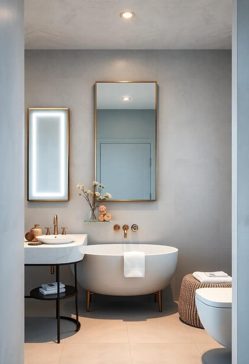 Shimmering Silver Mirrors Framed in Matte Pastel Blue Creating Depth and Sophistication Within an Intimate Bathroom Space