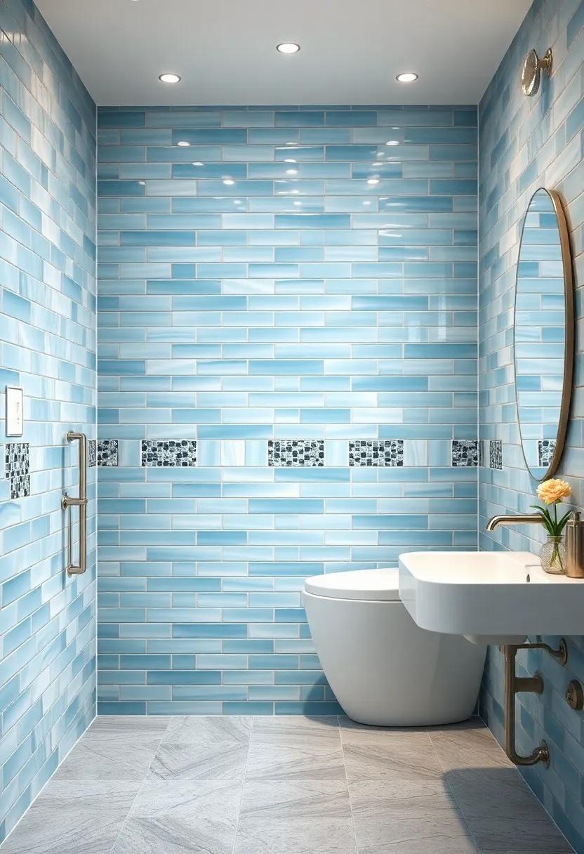 Gentle Pastel Blue Ceramic Tiles Interspersed with Silver Mosaic Insets Crafting a Unique Visual Appeal on Shower Walls