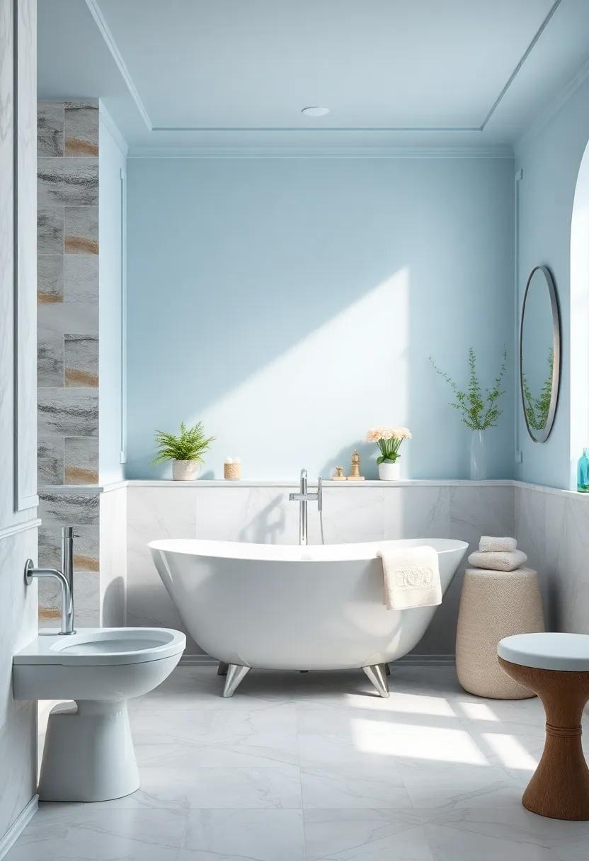 Subtle Variations of Pastel Blue Paint Merged with Polished Silver Accents to Reflect a Modern Classic Bath Aesthetic
