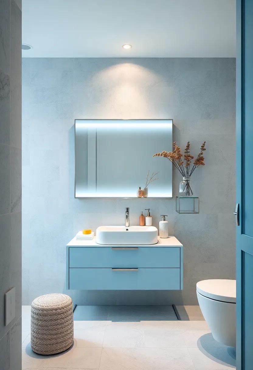 Floating Pastel Blue Vanity Shelves with Integrated Silver LED Lighting Creating a Modern, Yet Classic Bathroom Scene