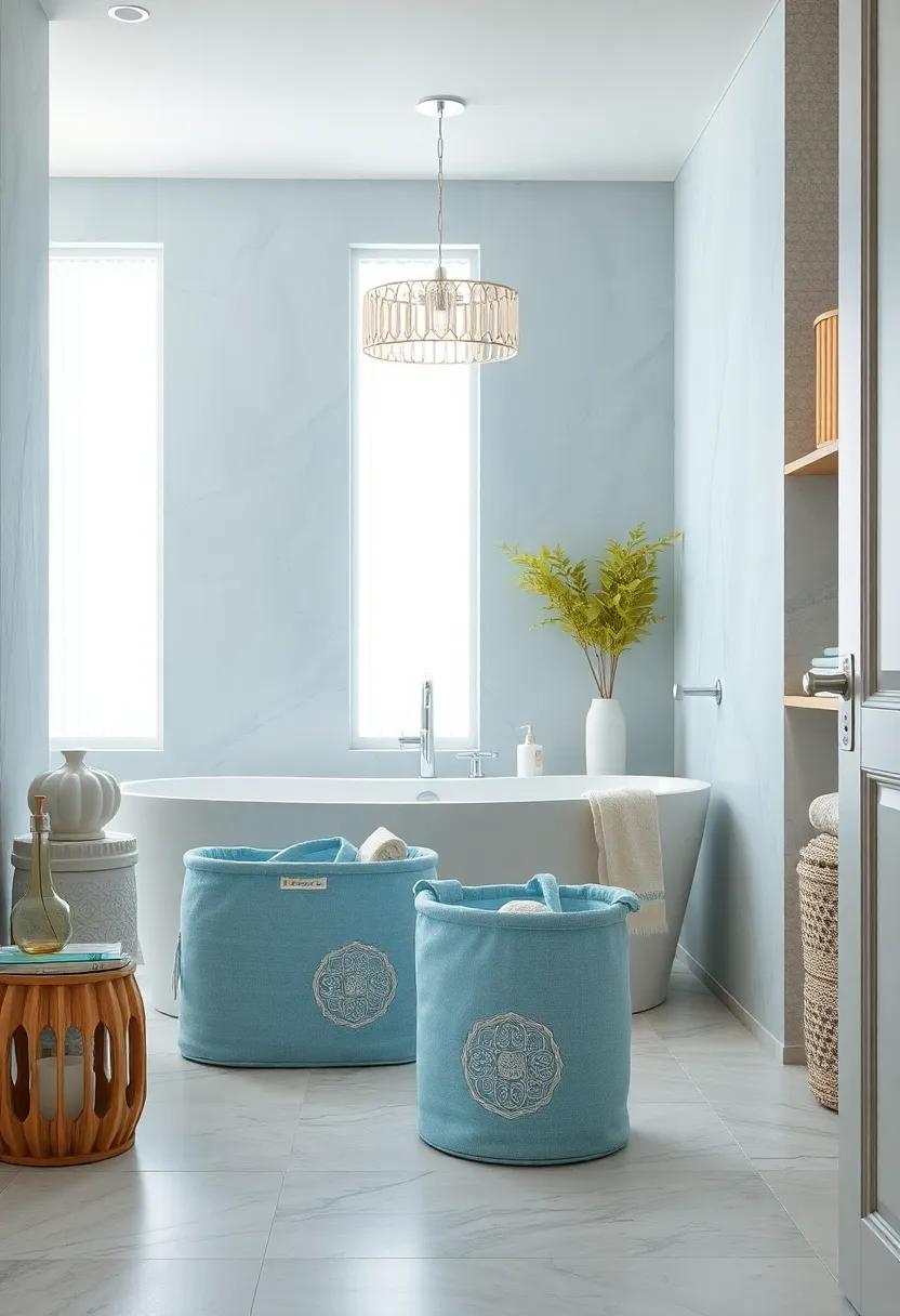 Pastel Blue Linen Storage Baskets Enhanced by Silver Embossed Patterns Blending Functional Style Into Bathroom Decor