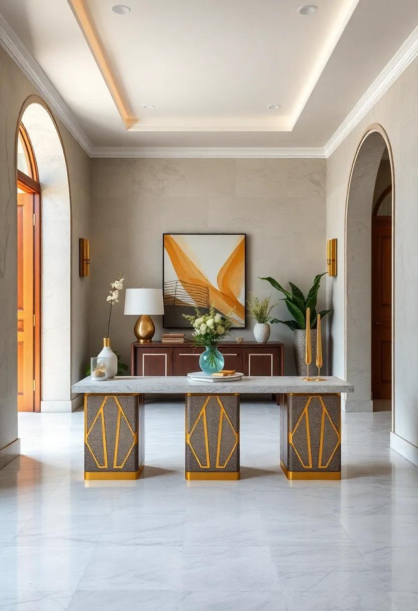 Art Deco Inspired Entry Tables Featuring Geometric Inlays and Polished Brass Accents for Vintage Glamour