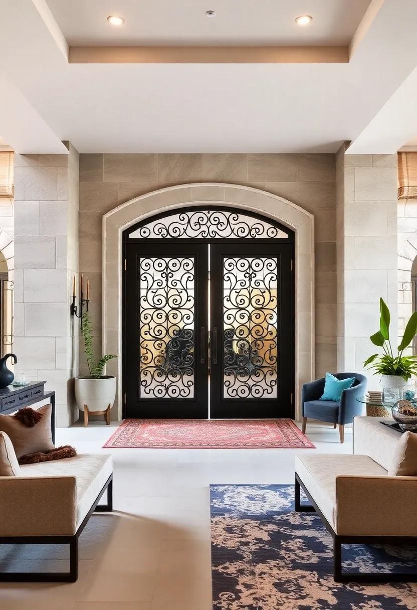 Dramatic Double Front Doors With Intricate Ironwork Providing a Grand and Inviting Entrance