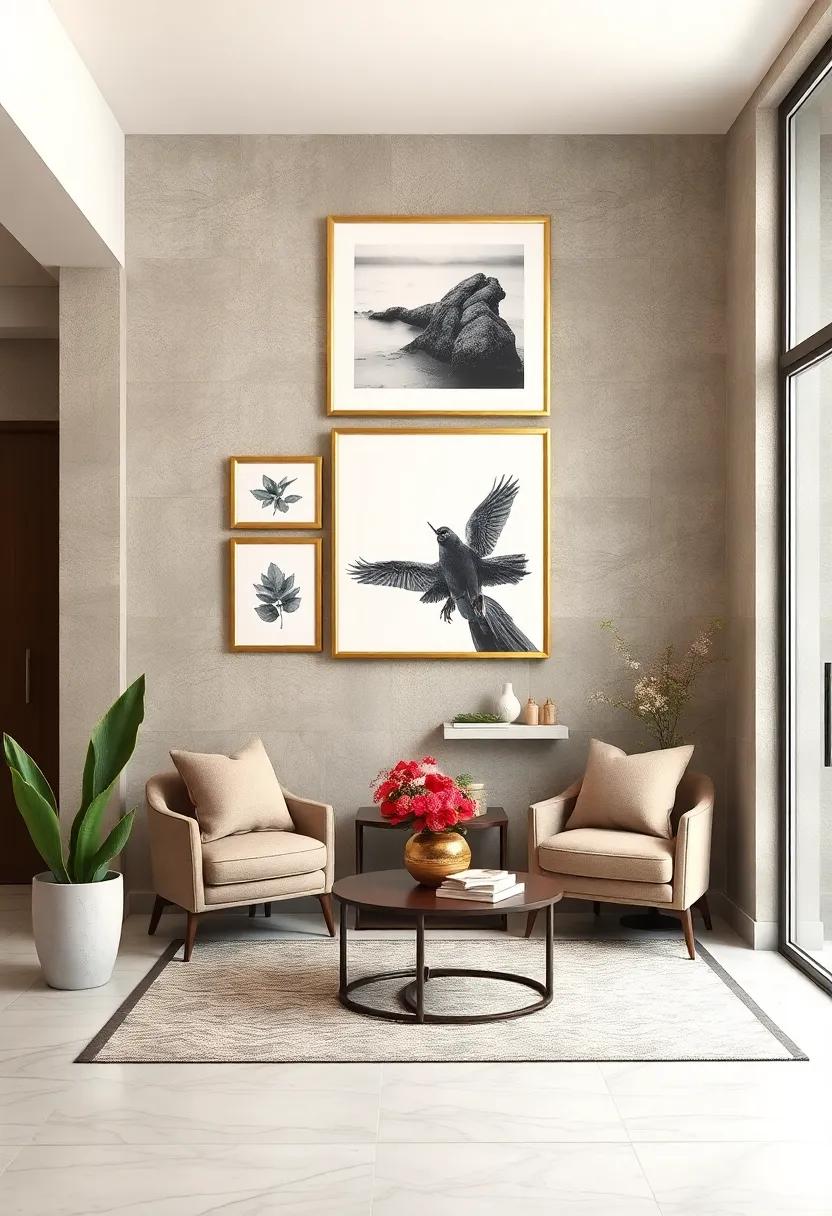 A Gallery Wall Featuring Black and White Photography Alongside Gold Framed Art for Artistic Elegance