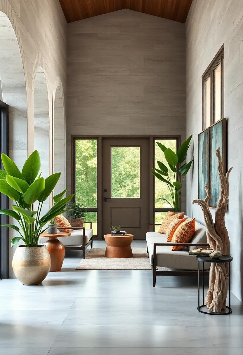 Natural Elements Like Lush Green Plants and Driftwood Sculptures Adding Organic Luxury to the Entryway