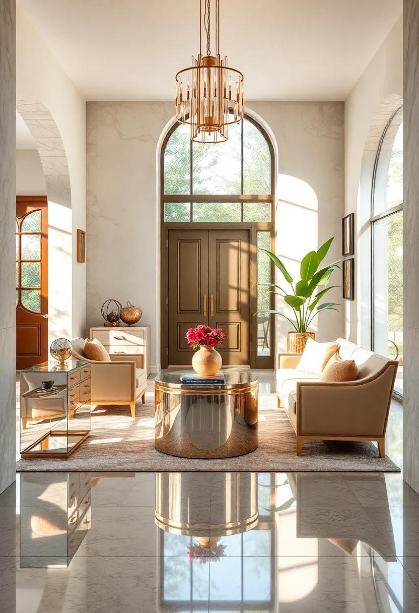 Reflective Surfaces Including Mirrored Furniture and Metallic Accents Amplifying Natural Light Effects