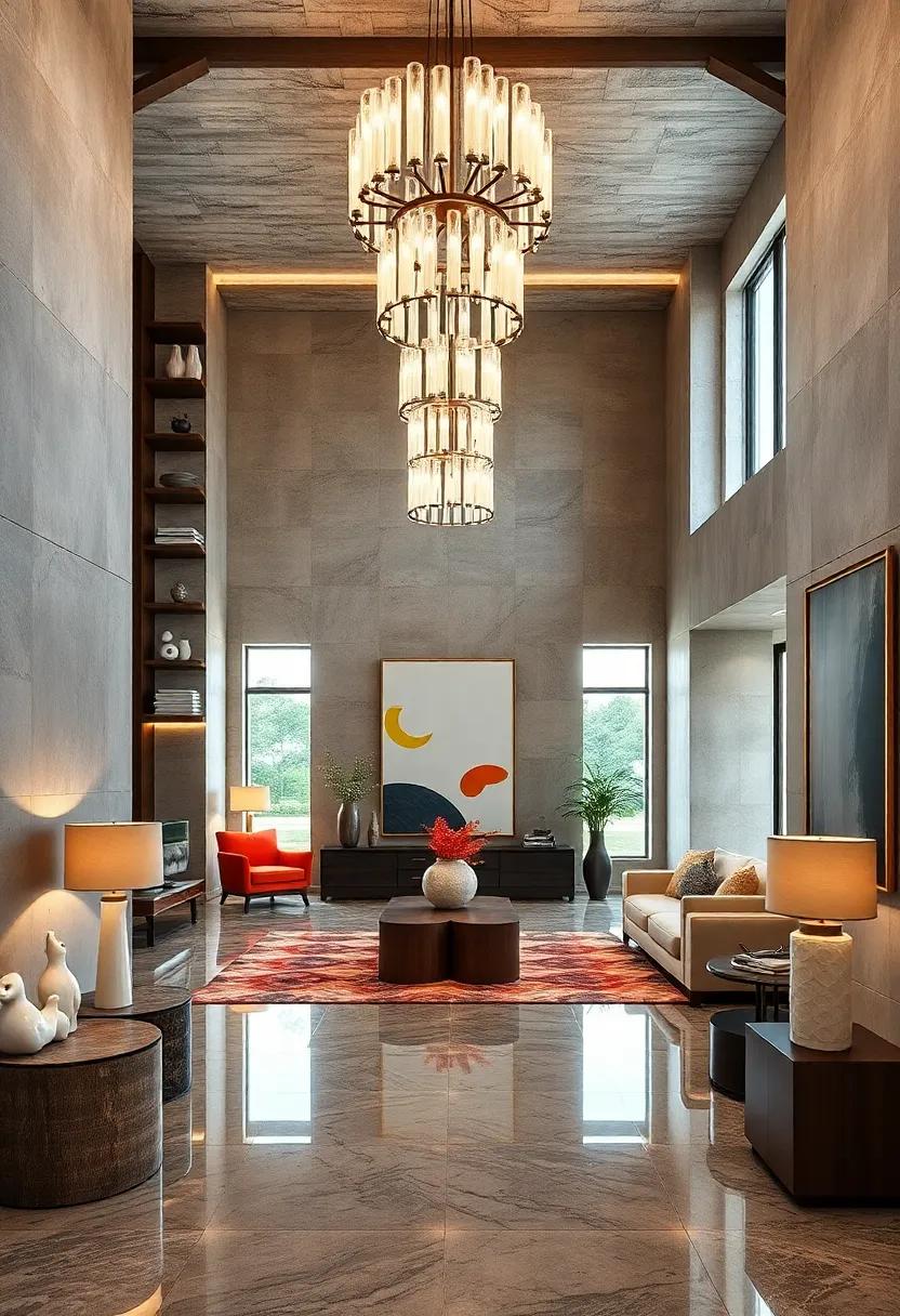 Statement Chandeliers Suspended Above Glossy Floors and Curated Art Pieces Creating Dramatic Ambiance